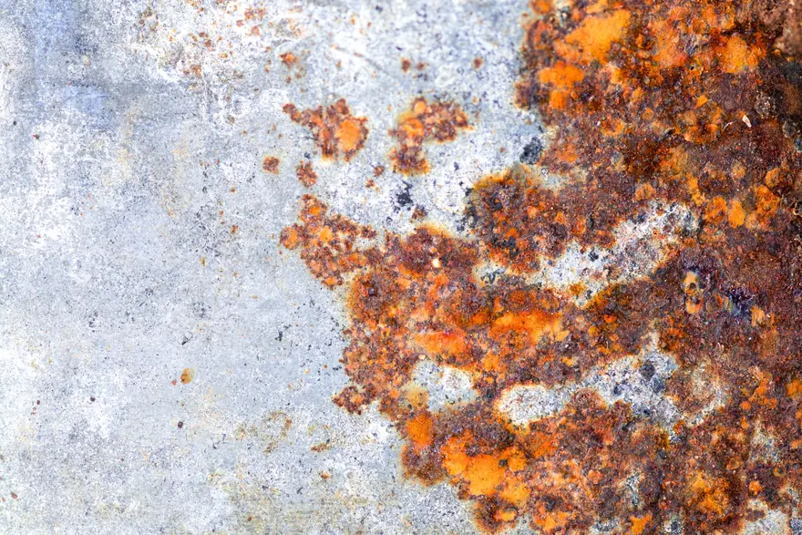 Orange rust and corrosion spreading across a weathered metal surface