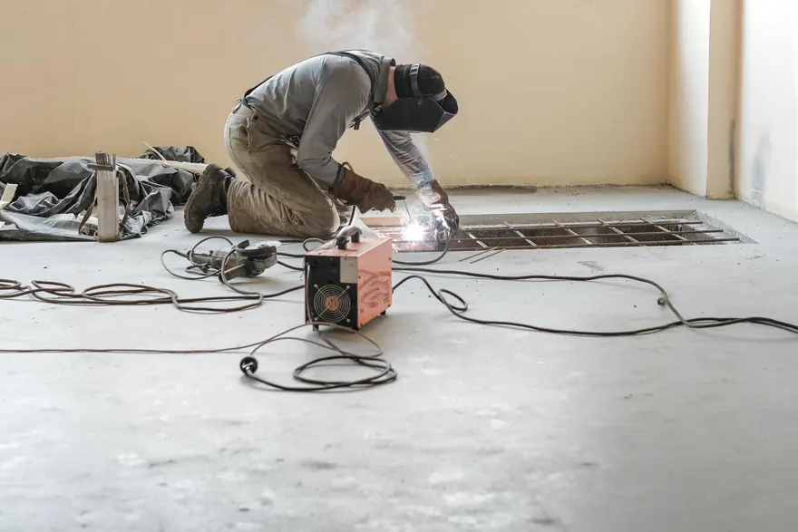 Welder kneeling to weld floor steel inside a building under construction